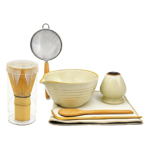 7-Pieces Japanese Matcha Tea Ceremony Set with Ceramic Chawan Bowl Bamboo Whisk Scoop Sifter Holder Kit