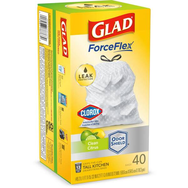 Glad ForceFlex Tall Kitchen Trash Bags, 13 Gallon, 40 Bags (Clean Citrus  Scent, Clorox Odor Shield) 