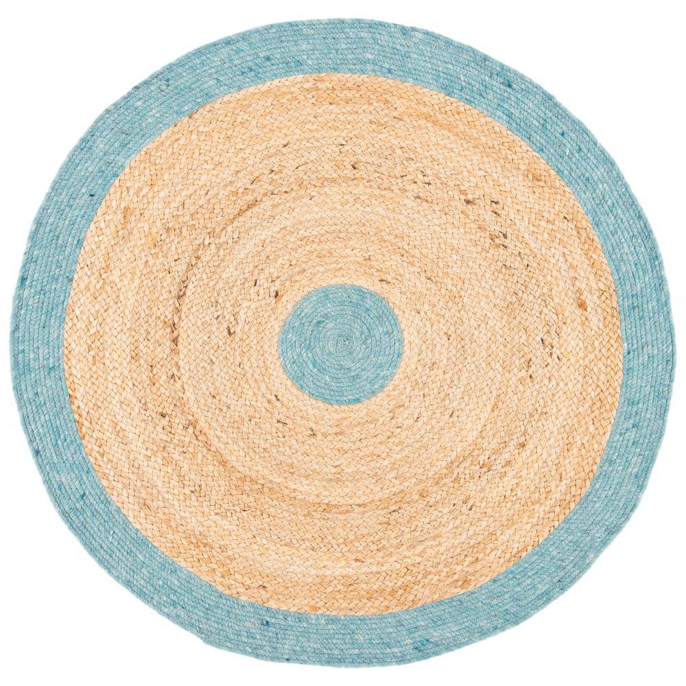 Handmade Blue and Natural Braided Round Wool Cotton Rug