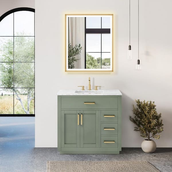 Ivy 36 in. Single Freestanding Vintage Green Bath Vanity with Carrara White Marble Top Assembled