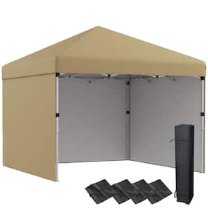 10 ft. x 10 ft. Beige Pop Up Canopy Tent with 3 Sidewalls Leg Weight Bags Carry Bag Height Adjustable
