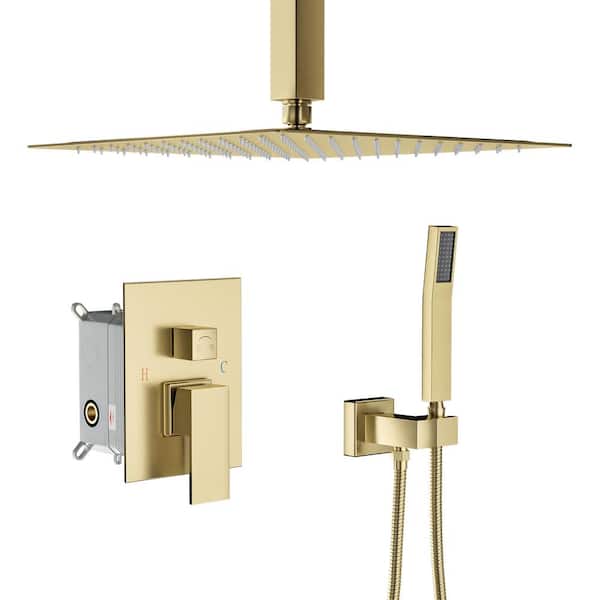 Logmey 2-Spray Patterns with 1.8 GPM 10 in. Ceiling Mount Dual Shower Heads with Rain Mixer Shower Combo in Gold
