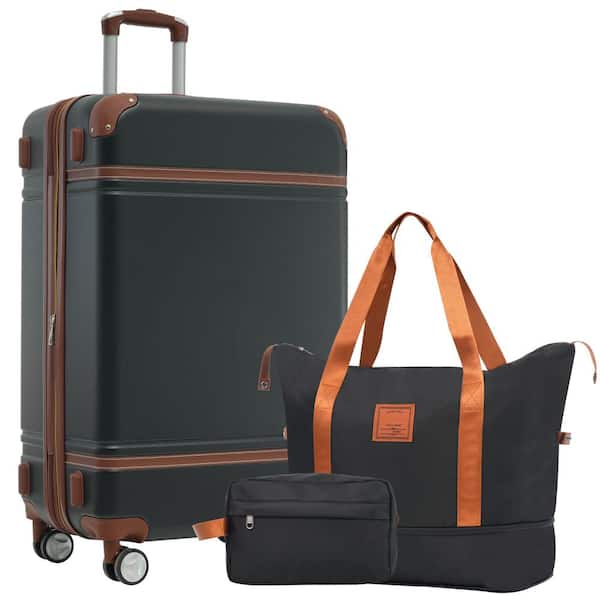 3-Piece Black ABS Hardshell Double Spinner 28in. Luggage Set with an Expandable Travel Duffel Bag, a Toiletry Bag