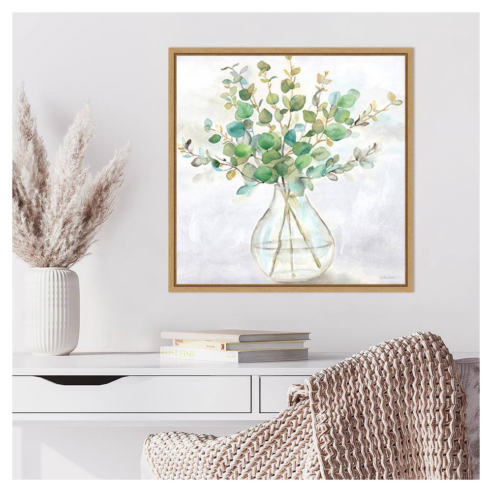 Eucalyptus Vase II Green and Brown Canvas Wall Art with Maple Frame