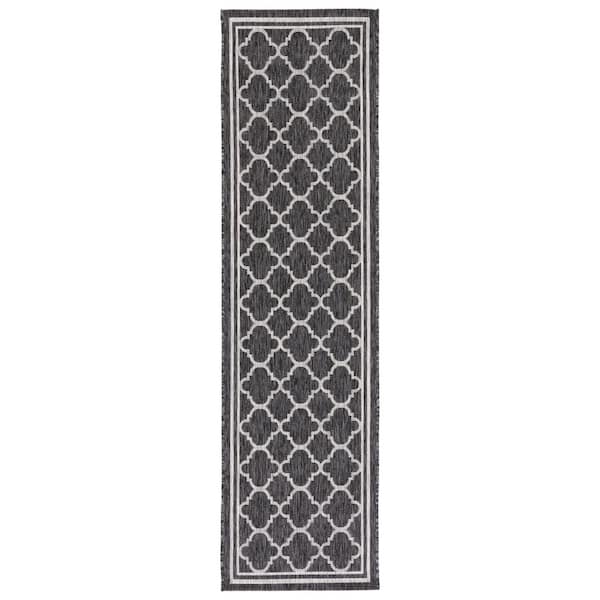 Courtyard Black Charcoal 2 ft. x 8 ft. Border Quatrefoil Indoor/Outdoor Runner Rug