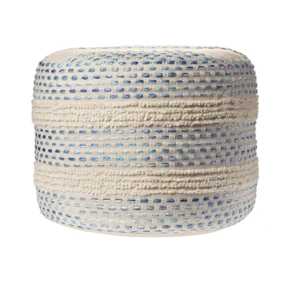 Blue and Cream Tufted Round Cotton Blend Pouf