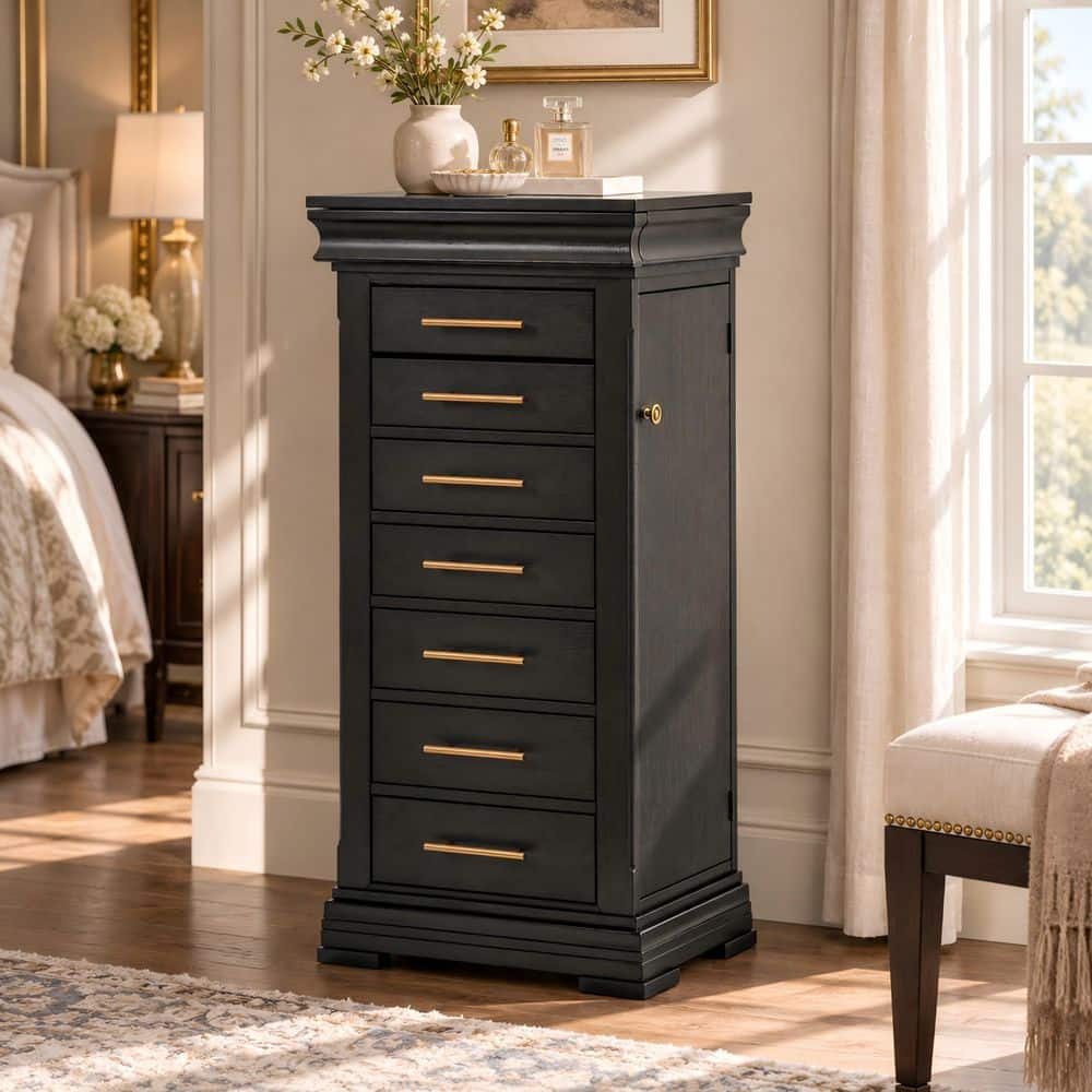 Modern Black MDF Wood Freestanding 20.08 in. W Jewelry Armoire with Mirror and Necklace Hooks