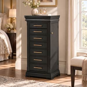 Modern Black MDF Wood Freestanding 20.08 in. W Jewelry Armoire with Mirror and Necklace Hooks
