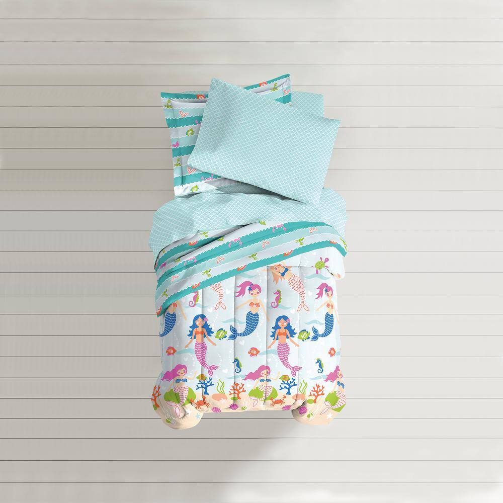 Mermaid Dreams Twin Blue Microfiber Bed in a Bag Set