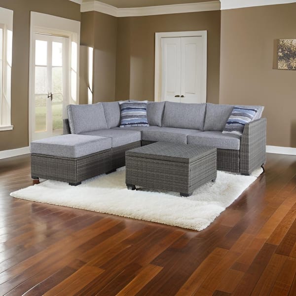Benjara Outdoor Collection 89.13 in. Flared Arm Fabric L-Shaped Storage Sofa in Gray and Black