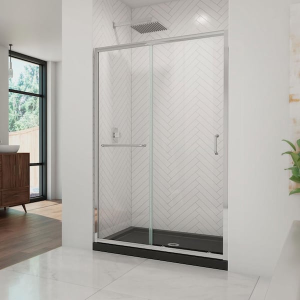 DreamLine Infinity-Z 36 in. x 48 in. Semi-Frameless Sliding Shower Door in Chrome with Center Drain Shower Base in Black