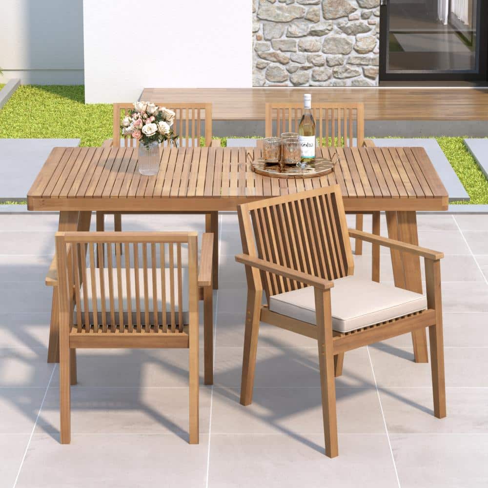 5-Piece Wood Outdoor Dining Set with Beige Cushions price history on PriceWatchPro