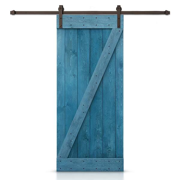 CALHOME Z Bar Series 30 in. x 84 in. Pre-Assembled Ocean Blue Stained Wood Interior Sliding Barn Door with Hardware Kit