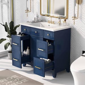 36 in. W x 18 in. D x 34 in. H Freestanding Bath Vanity in Blue with White Ceramic Top and 3 Drawers Storage Cabinet