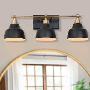 Modern Black Bathroom Vanity Light with Gold Arm, 24.5 in. 3-Light Metal Bell Bath Wall Sconce for Arched/Round Mirror