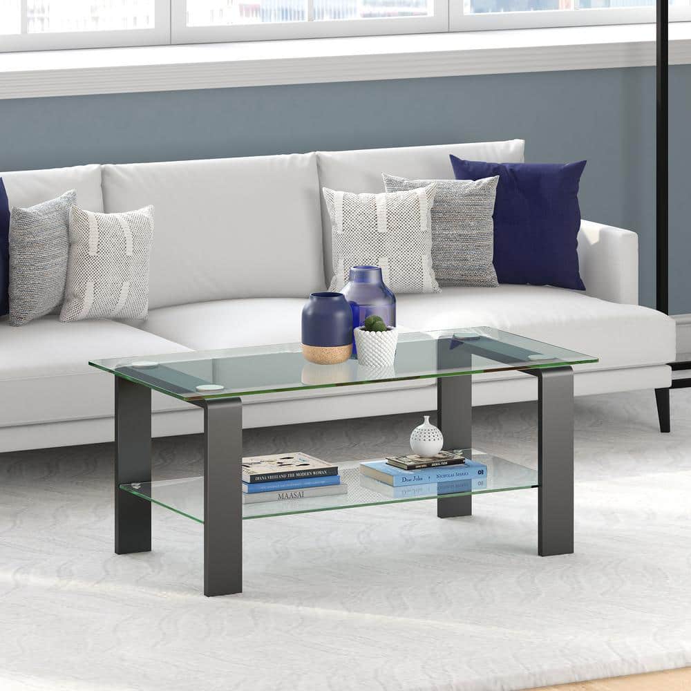Asta Pewter Finish Rectangular Glass Coffee Table with Shelf