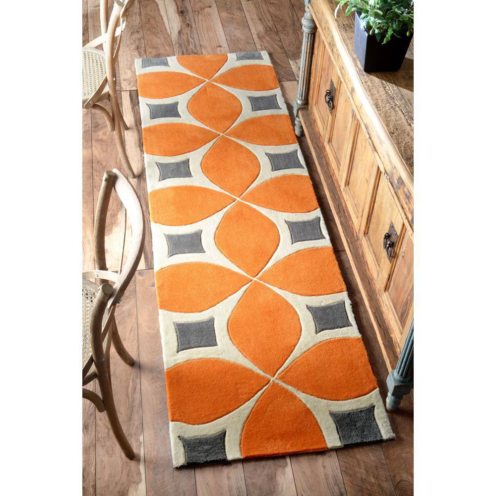 Handmade Tufted Deep Orange Synthetic Runner Rug, 32x6 in
