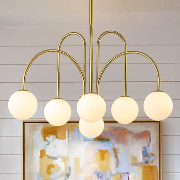 Rennnsan Ayden 6-Light Gold Contemporary Dimmable Sputnik Sphere Chandelier with Opal Glass Globe Bubble