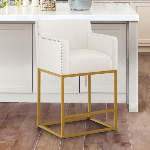 LUE BONA Luna 26 in. Beige Fabric Upholstered Counter Height Bar Stool with Golden Metal Frame Square Counter Stool