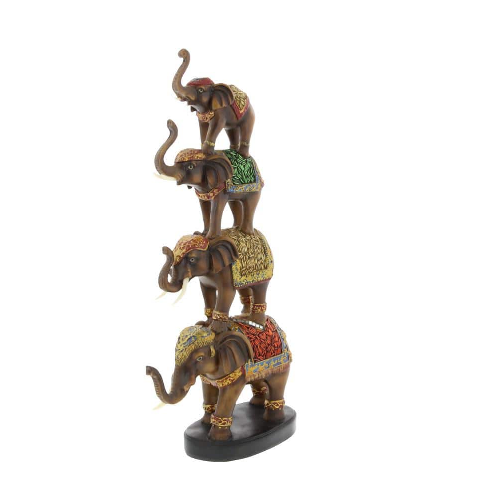 Brown Polystone Stacked Elephant Figurine with Colorful Patterns