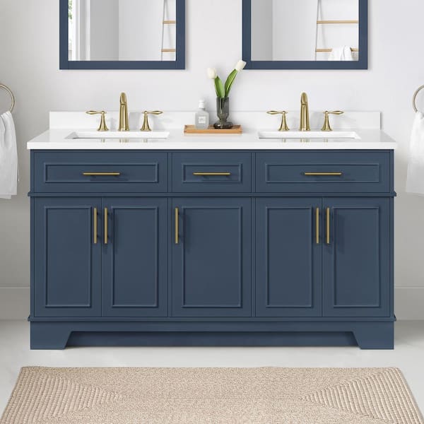 OVE Decors Emery 60 in. W x 22 in. D x 34 in. H Double Sink Bath Vanity in Midnight Blue with White Engineered Stone Top