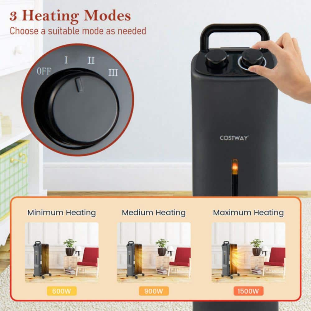 Black 1500W Oil Filled Space Heater with Thermostat and Automatic Shut-off