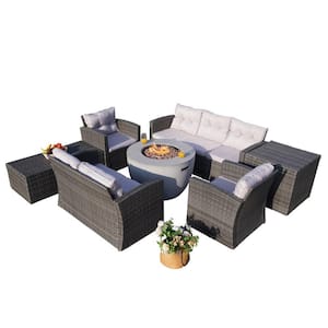 Vivian 7-Pieces Rock and Fiberglass Fire Pit Table with Gray Wicker Conversation Set with Gray Cushions