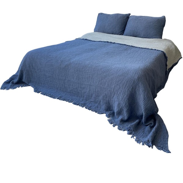 SUSSEXHOME Muslin 4-Layers, Cotton Bed Cover Blanket, Indigo Blue, 95 x 102 in. King Size