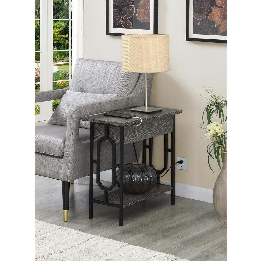 Weathered Gray Wood and Black End Table with Charging Station