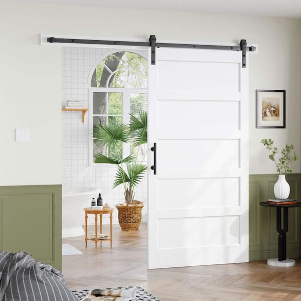 42 in. x 84 in. 5 Lite Manufactured Solid Wood Core White Finished Interior Sliding Barn Door with Hardware Kit