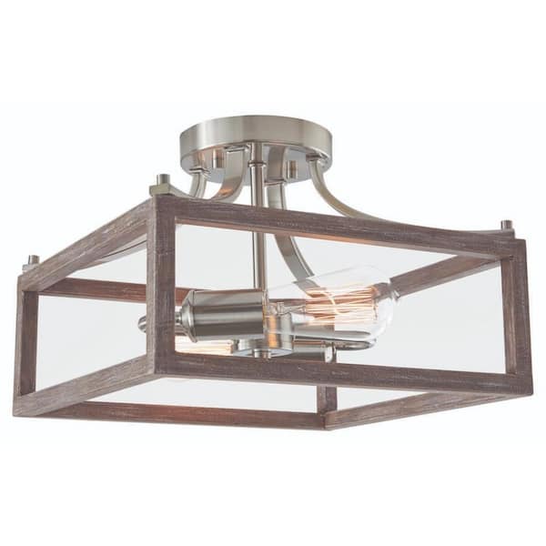 Boswell Quarter 12-1/2 in. 2-Light Brushed Nickel Farmhouse Semi-Flush Mount with Painted Weathered Gray Wood Accents