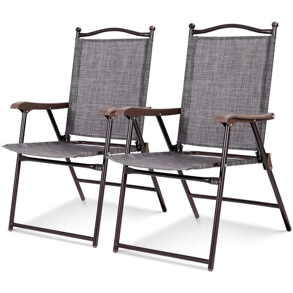 Folding Metal Outdoor Dining Chair in Grey with Armrest (Set of 2)