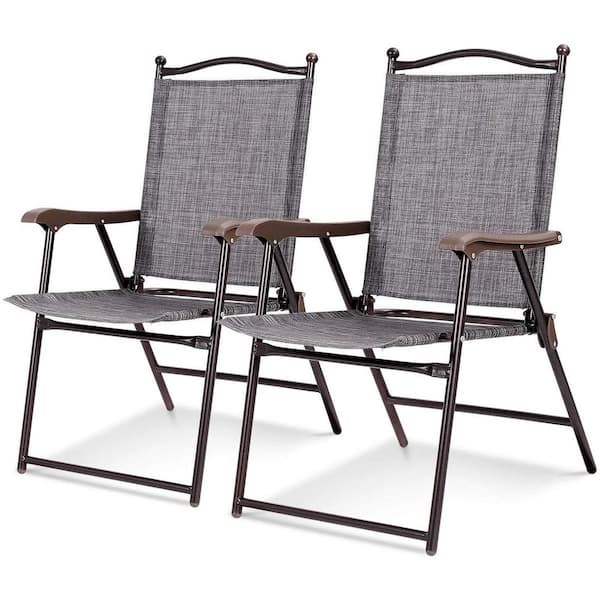Unbranded Folding Metal Outdoor Dining Chair in Grey with Armrest (Set of 2)