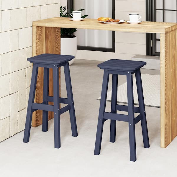 Laguna 29 in. HDPE Plastic All Weather Backless Square Seat Bar Height Outdoor Bar Stool in in Navy Blue, (Set of 2)