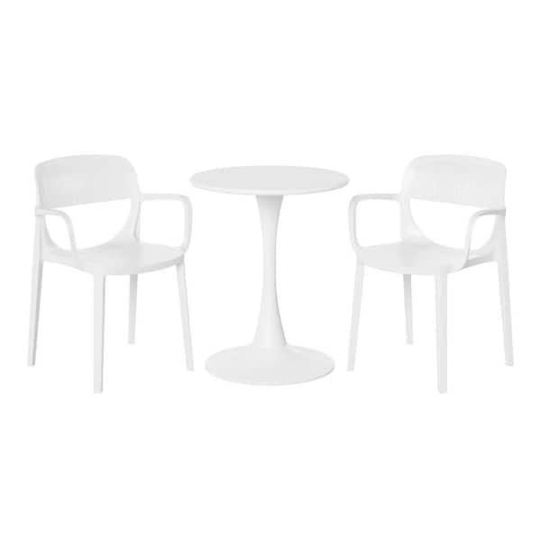 WESTIN OUTDOOR Frond and Form Outdoor Patio Modern 3-Piece Round HDPE Plastic Bistro Dining Set with Stackable Chairs, White