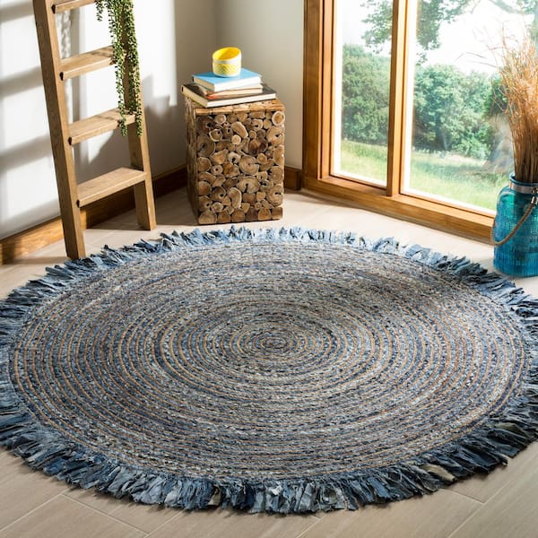 Cape Cod Ivory/Denim Doormat 3 ft. x 3 ft. Round Gradient Striped Area Rug