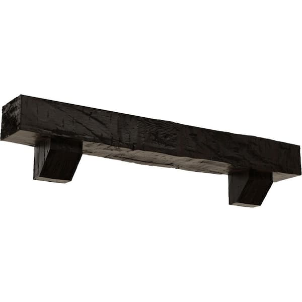 Ekena Millwork 4 in. x 4 in. x 6 ft. Hand Hewn Faux Wood Fireplace Mantel Kit with Ashford Corbels, Premium Walnut