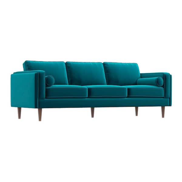 Ashcroft Furniture Co Hudson 86 in. W Square Arm Mid Century Modern Furniture Style Velvet Living Room Straight Couch in Teal Green
