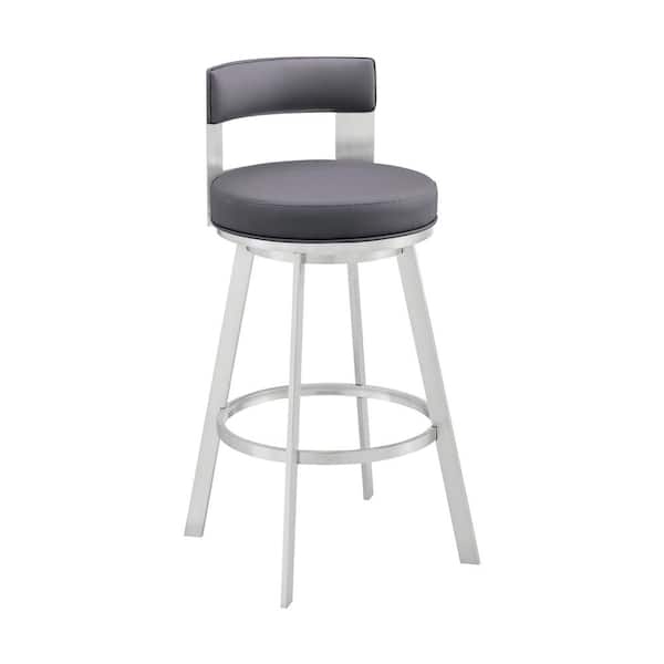 Armen Living Lynof 38 in. Grey/Silver 30 in. Bar Stool with Faux Leather Seat