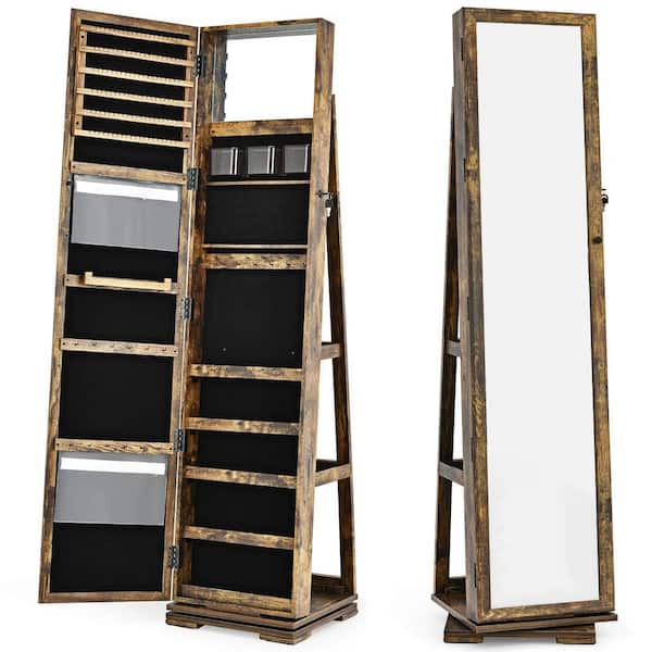 15 in. x 63.5 in. Rustic Brown MDF 360° Rotatable Jewelry Armoire with Full-Length Mirror