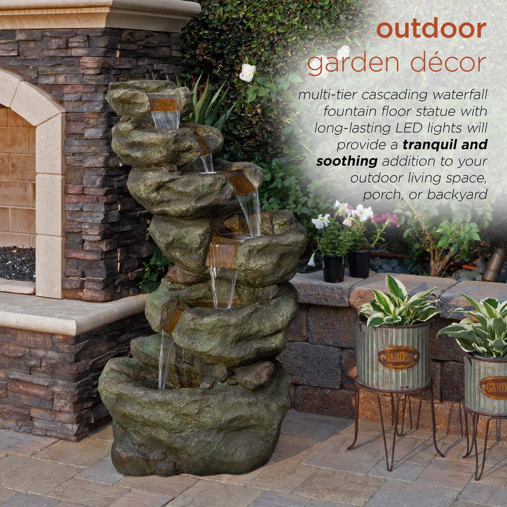 48" Dark Moss Green Multi-Tier Resin Outdoor Waterfall Fountain with LED Lights