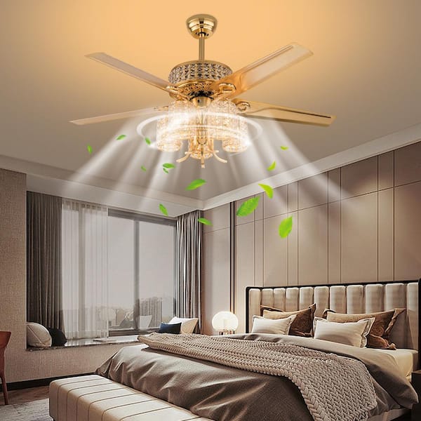 OUKANING 52 in. Indoor Gold Luxury Crystal 3-Speed Ceiling Fan