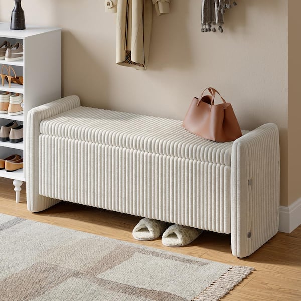 Bestier 44 in. Velvet Rectangular Striped Ottoman Bench with Storage in Off-White