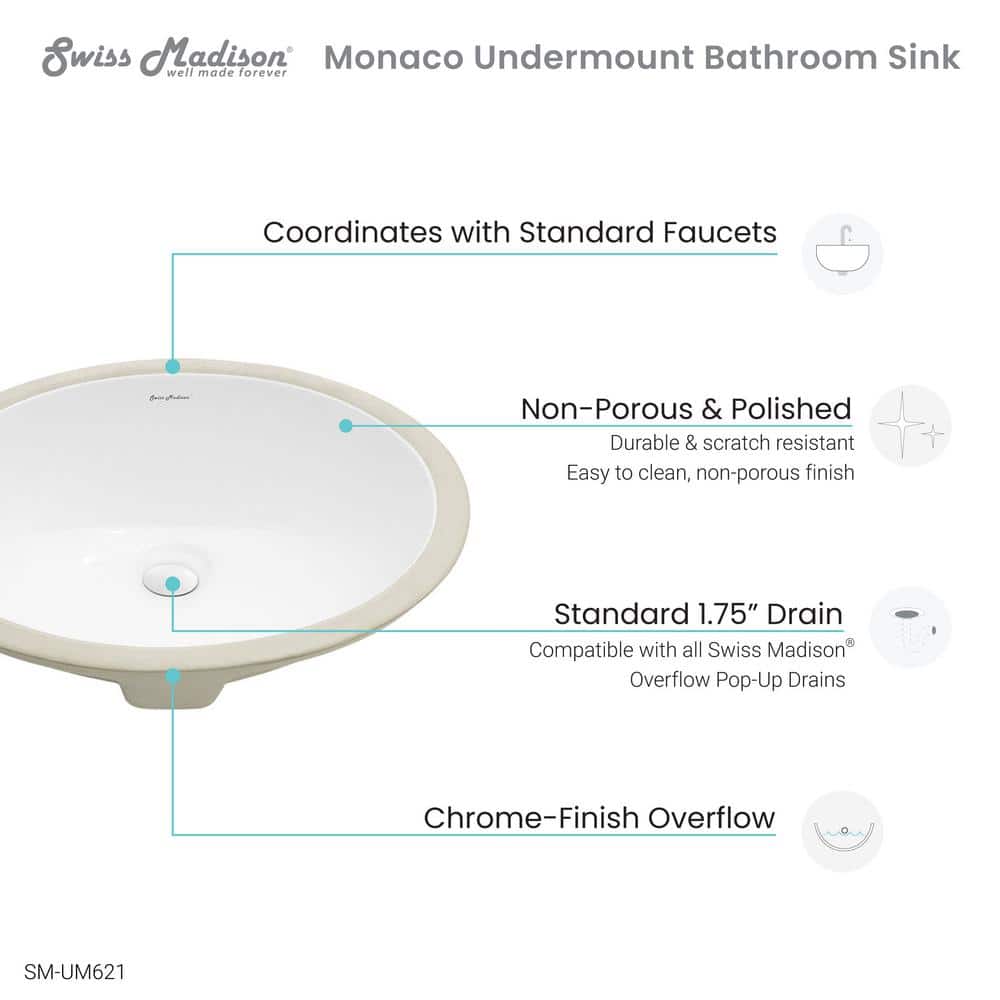 Monaco 18-Inch White Ceramic Oval Undermount Bathroom Sink