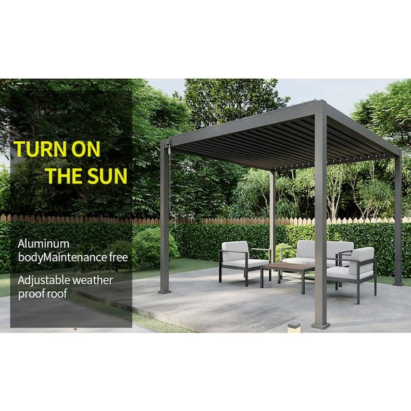 【Adul】PATIO ITOPFOX 9.89 ft. x 9.89 ft. Black Retractable Patio Gazebo