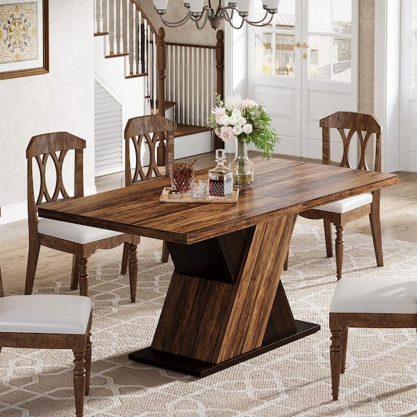 Sealey Farmhouse Brown Wood 55 in. Pedestal Dining Table Seats 4-6 Rectangle Dining Room Table for Dining Room