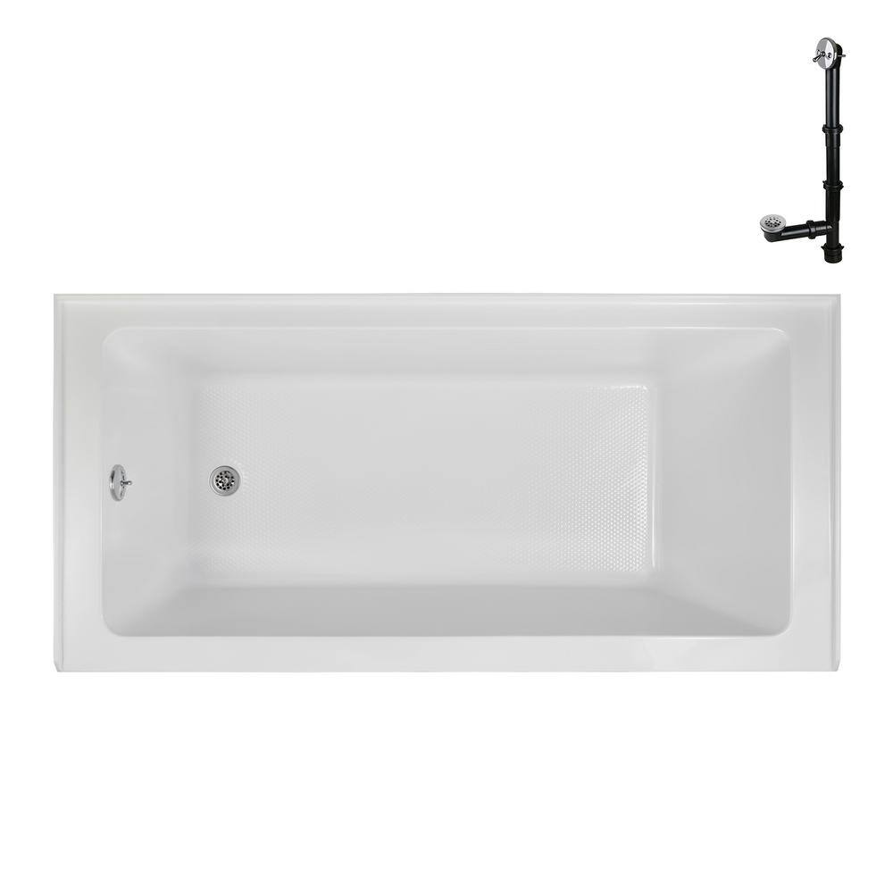 60-Inch Glossy White Acrylic Rectangular Alcove Bathtub with Polished Chrome Drain