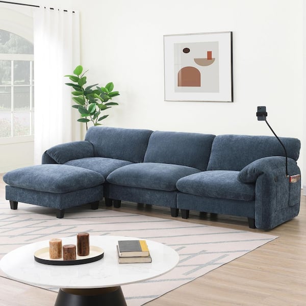 108 in. Striped Chenille Modular L-Shape Sectional Sofa in. Blue Gray with USB Charger, Phone Holder, 1 Ottoman