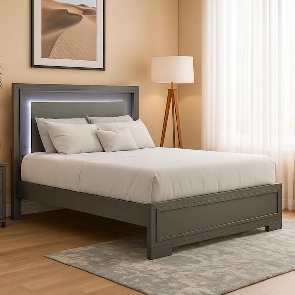 Aliso Gray Wood Frame Queen Panel Bed with LED Panel Headboard