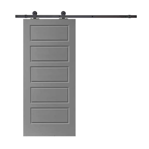 CALHOME 30 in. x 80 in. Light Gray Stained Composite MDF 5 Panel Interior Sliding Barn Door with Hardware Kit